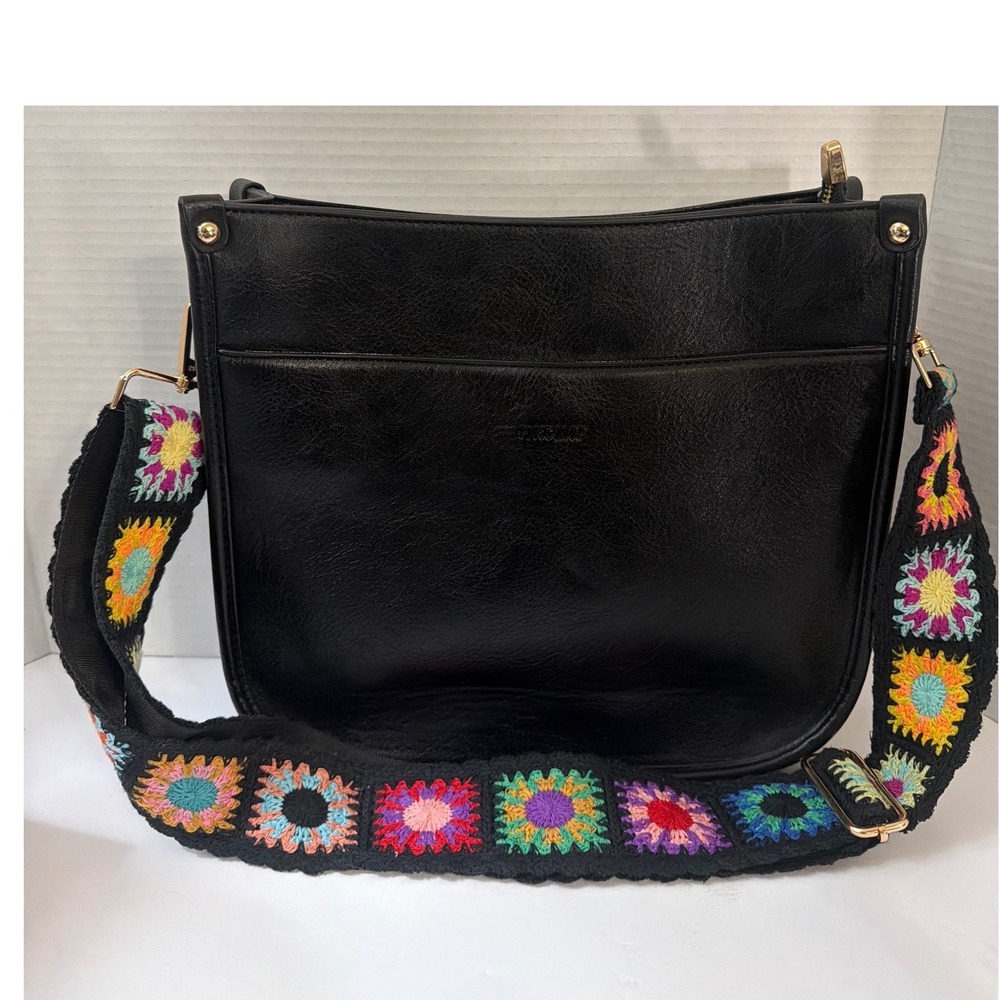 Black Faux Leather Shoulder Bag‎ Boho Crochet Strap Crossbody Adjustable